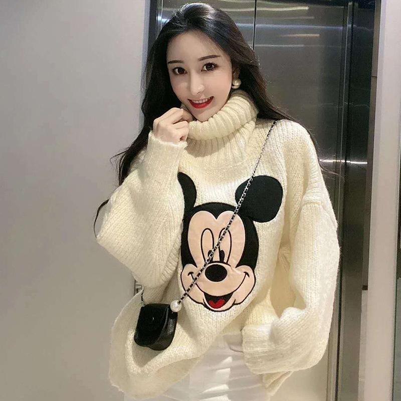 Áo Sweater Len Cổ Lọ In Hình Chuột Mickey Đáng Yêu