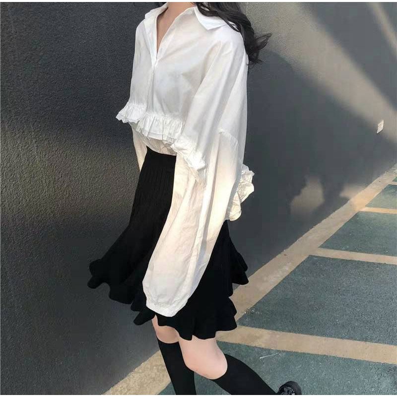 Áo sơ mi dài tay nữ phối bèo cánh dơi trắng freesize vintage ulzzang đi học đi làm