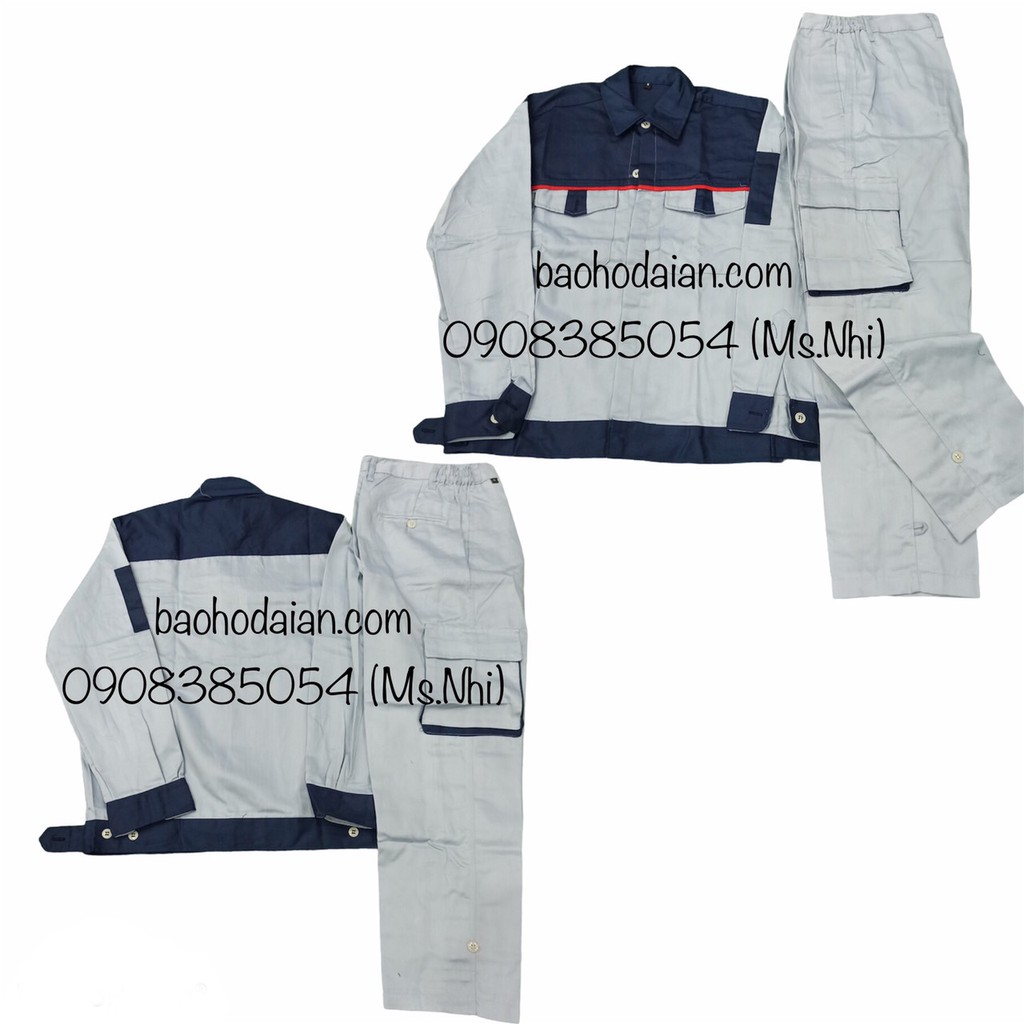 Quần áo bảo hộ lao động màu ghi phối tím than lề đỏ vải kaki thấm hút mồ hôi M14 - Hình thật