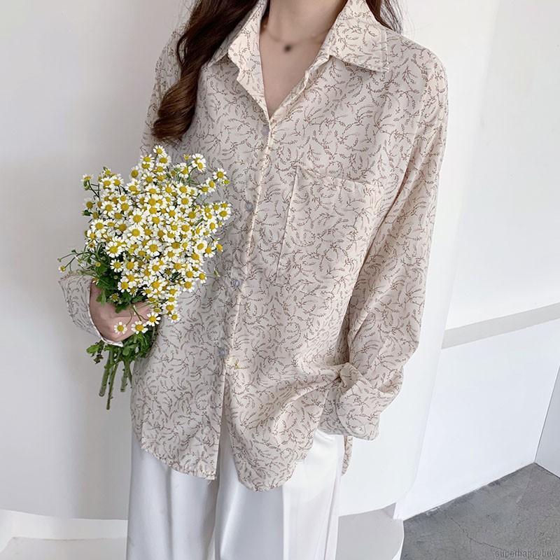 Áo Kiểu Tay Dài Hoạ Tiết Hoa Thiết Kế Dáng Rộng Thoải Mái