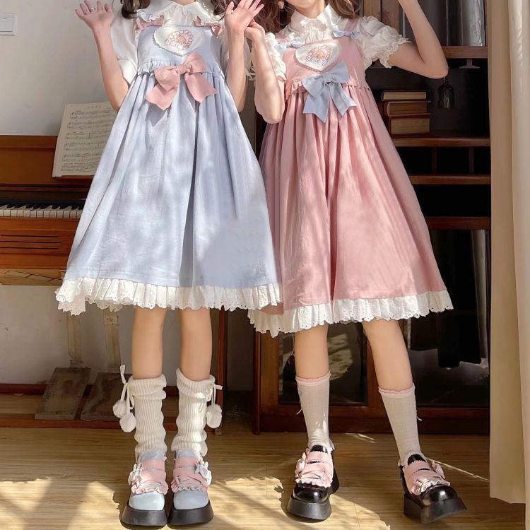Bộ đầm lolita yếm vải mềm thêu họa tiết trái tim và áo phong cách Nhật Bản thời trang mùa hè cho nữ