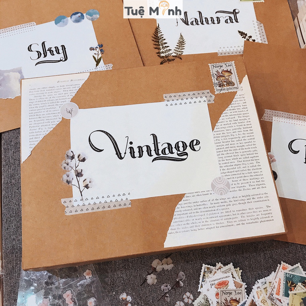 Set trang trí sổ Bullet journal Vintage - bộ quà tặng sổ còng binder Klong, sticker, note, washi tape Luv101 Tuệ Minh