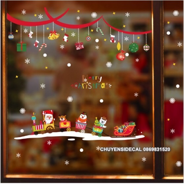 Decal dán tường Noel - Rèm đỏ phối đoàn tàu xinh