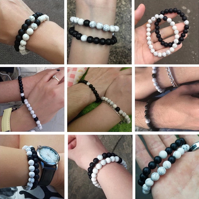 Set 2 vòng tay chuỗi hạt đá trắng đen cho cặp đôi