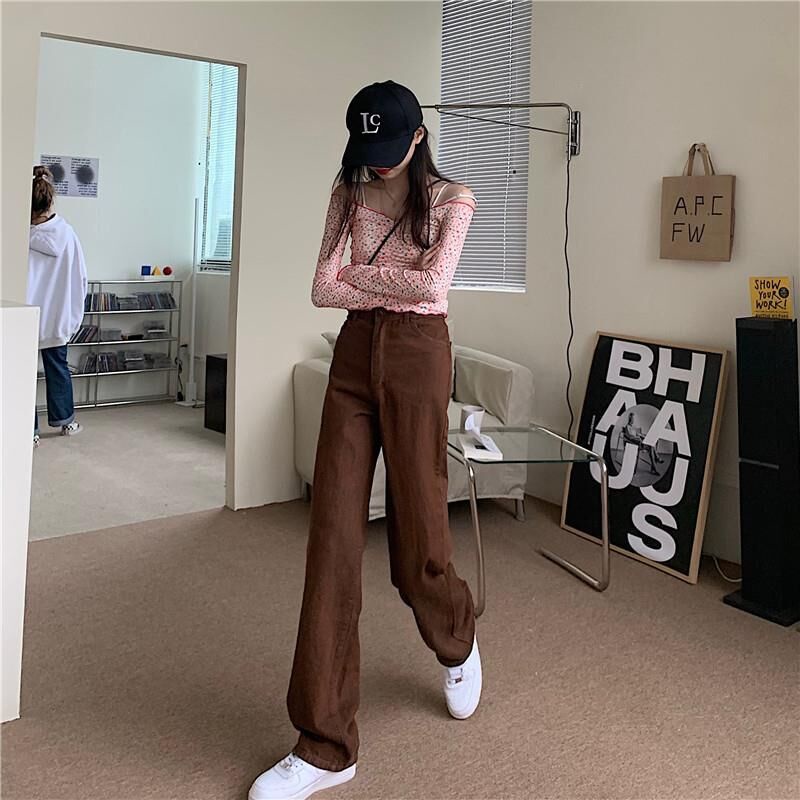 SUXI Quần Jean Nữ Ống Rộng Lưng Cao Màu Sắc Đơn Giản