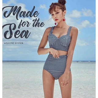 Set bikini croptop cạp cao kẻ caro vintage