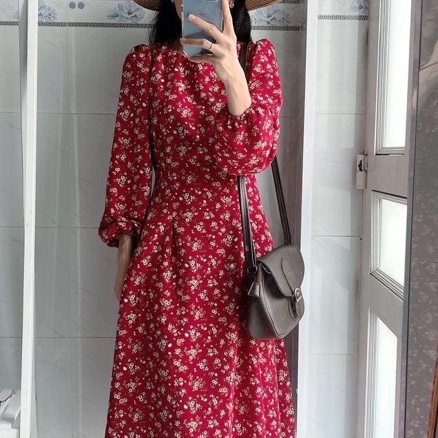 [Ảnh thật] Đầm midi hoa nhí tay dài cột nơ