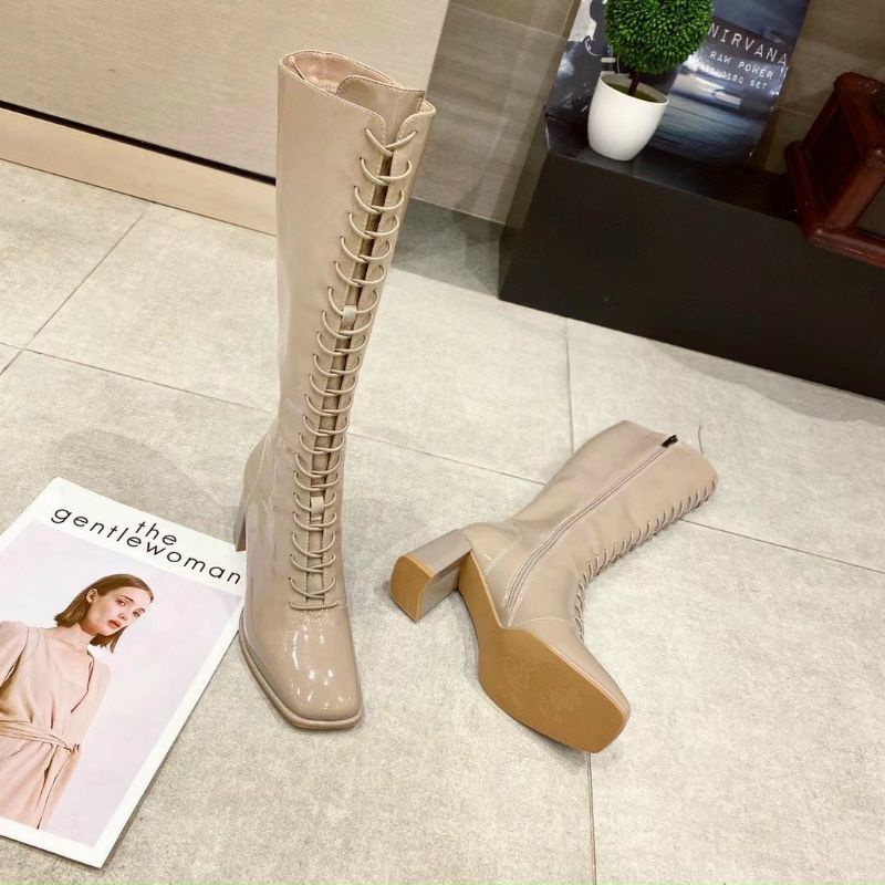 Boots gối bóng dây trước, khoá cạnh hàng cao cấp đen nude