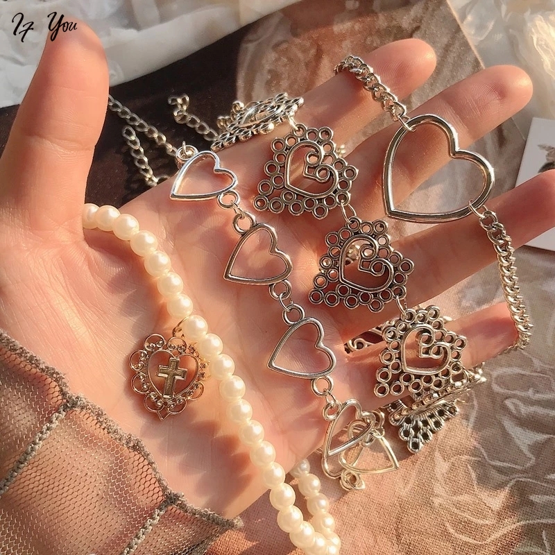 Vòng cổ choker AY chuỗi hạt ngọc trai nhân tạo/ chuỗi xích mặt trái tim phong cách Hàn Quốc thanh lịch thời trang