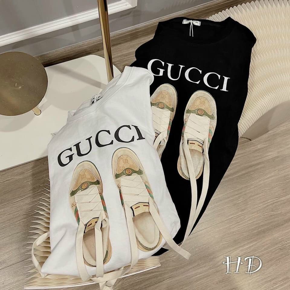 Áo thun nữ from rộng tay ngắn phông unisex dấu quần hình GUCI đôi giày chất cotton 4 chiều mềm mịn hot trend 2022