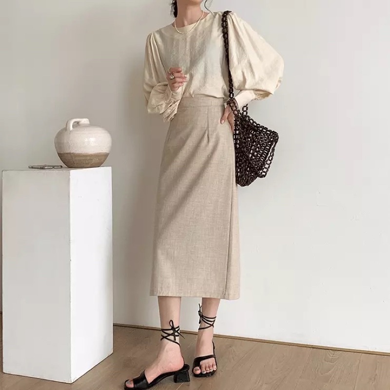 Chân váy midi chất linen mềm dáng A nhẹ cạp khóa xẻ sau