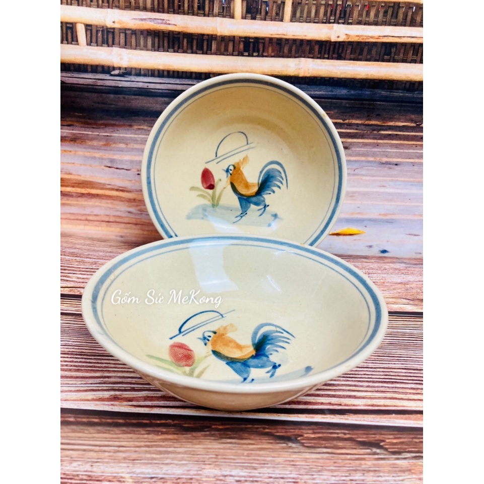 Tô sành gốm sứ họa tiết con gà trống vẽ tay đường kính 17,5cm