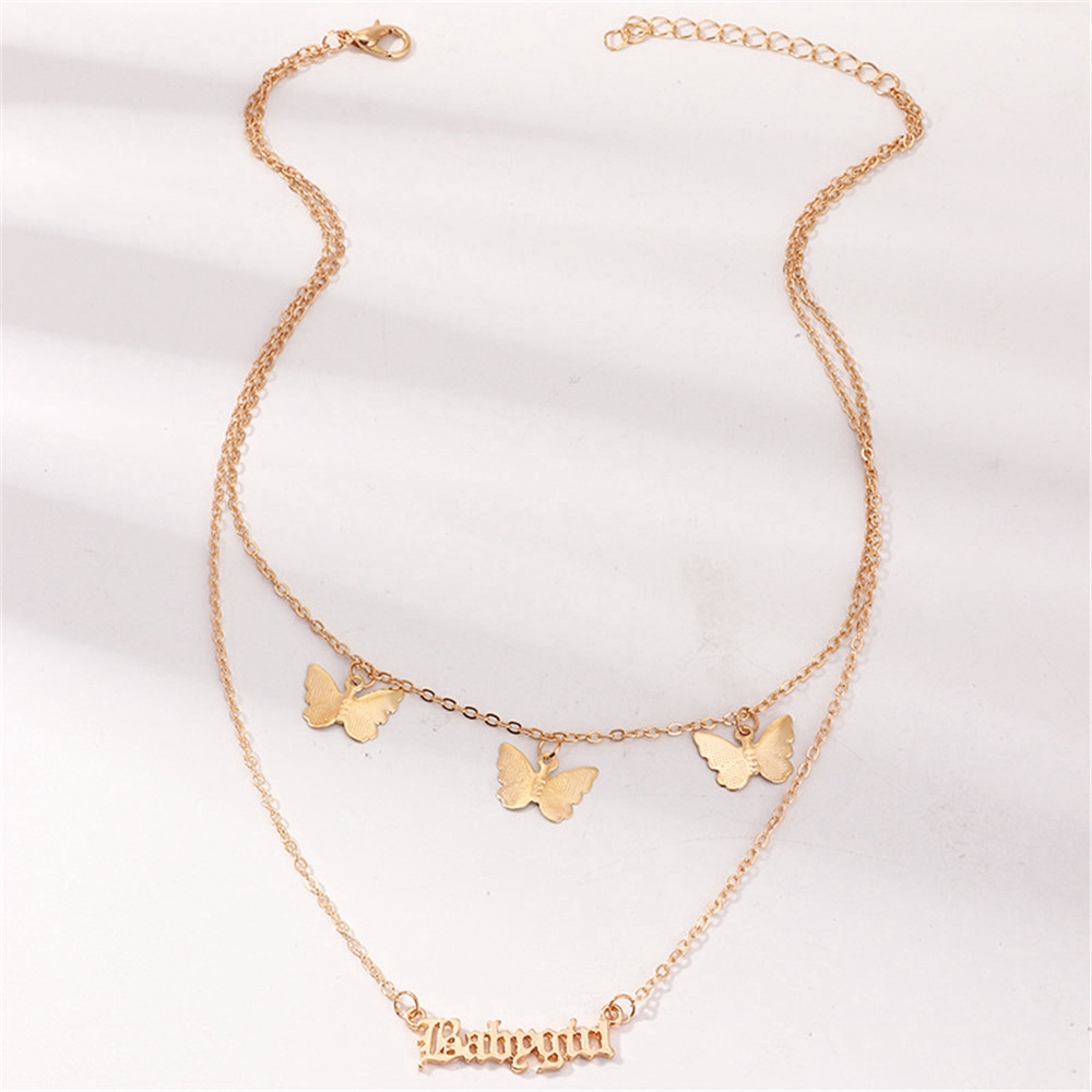 Trang sức dây chuyền 2 lớp mặt hình bướm và chữ cái thiết kế cổ điển thời trang cho nữ