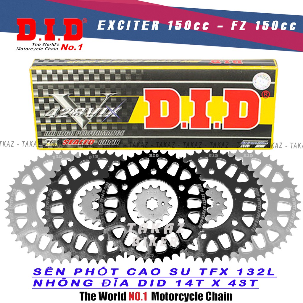 Nhông sên dĩa DID VIX Yamaha FZ150 - Exciter150 lên thông số 14T dĩa 43T – Sên phốt cao su 132L VIX