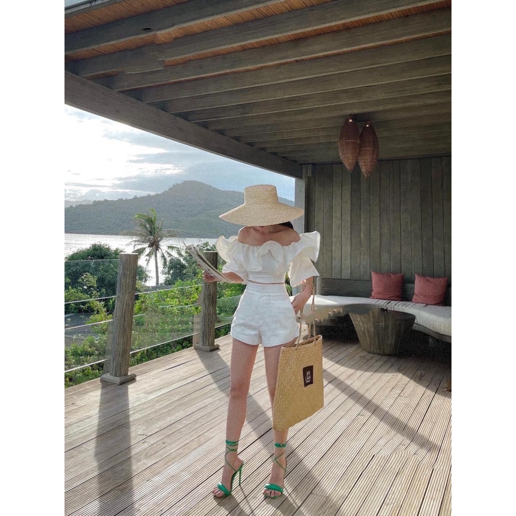 Set áo trễ vai cánh tiên dáng croptop quần short ngắn đi biển BN364