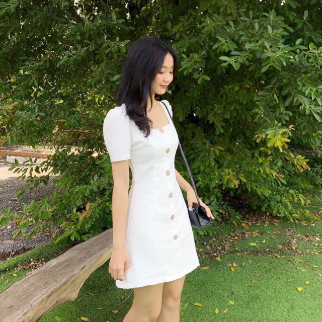 Đầm váy freesize cổ U nút dừa 2 màu