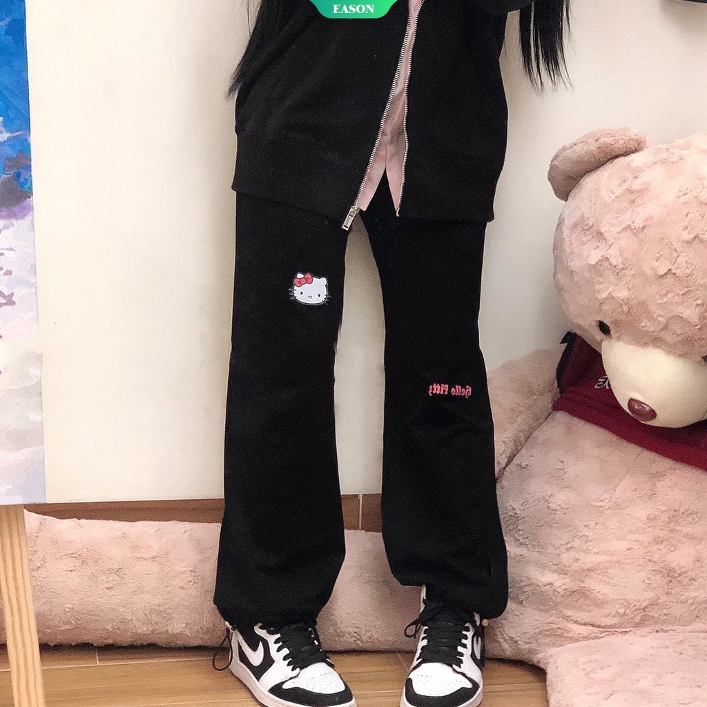 Quần ống rộng Lưng Cao In Họa Tiết Hoạt Hình Hello Kitty Phong Cách Hàn Quốc Thời Trang Mùa Hè Cho Nữ