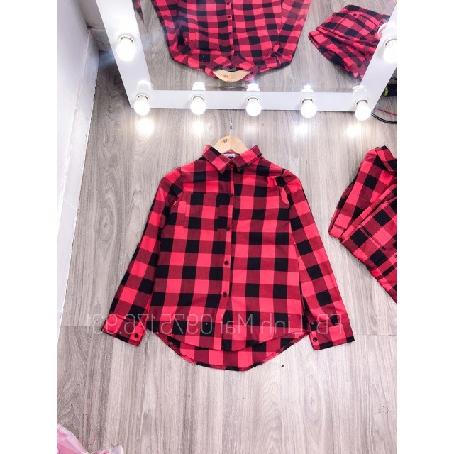 Sale Áo sơmi nữ 💕[ong-ong store]💕 sơ mi nữ kẻ caro đỏ đen cá tính chuẩn