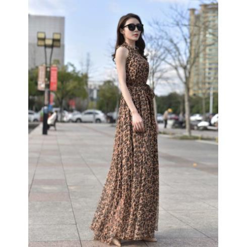 Đầm Maxi đi biển dài cao cấp DA BEO CỔ TRỤ KÈM DÂY THẮT AU