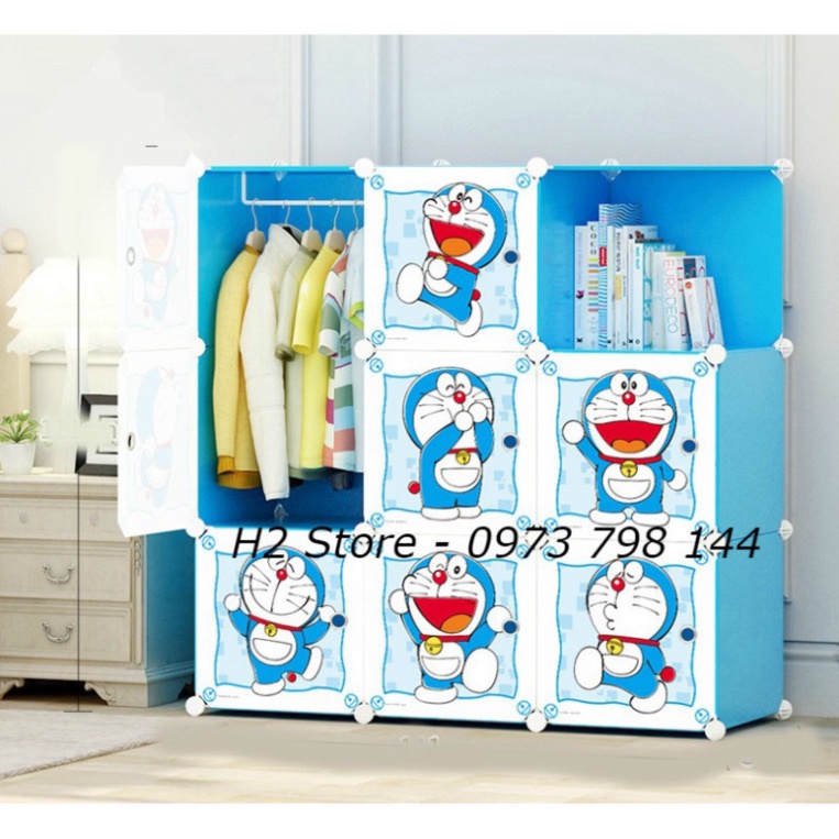 TỦ NHỰA LẮP GHÉP 9 Ô XANH DƯƠNG CỬA DOREAMON LỚN ĐỂ ĐỒ ĐA NĂNG THÔNG MINH CHO BÉ sâu 47cm