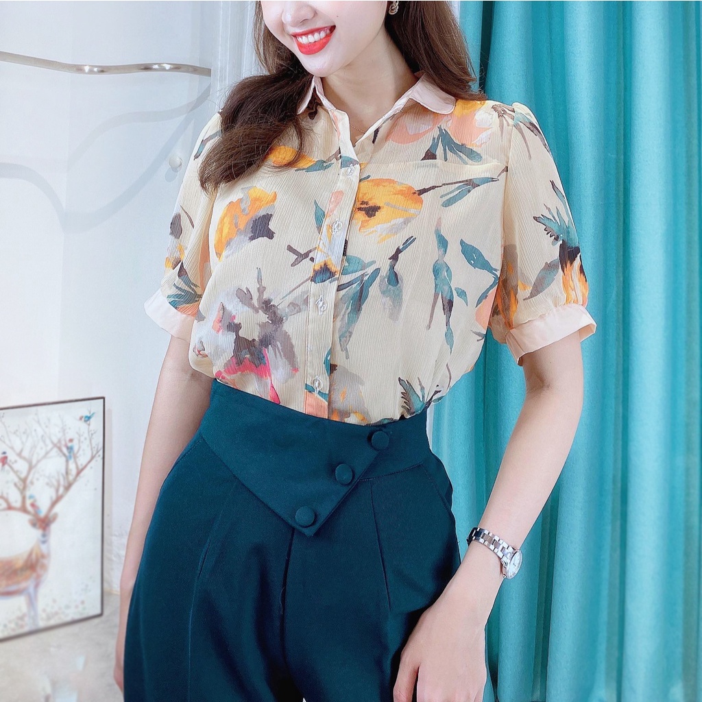 Áo sơ mi nữ họa tiết hoa lá tay ngắn CHUU A6913