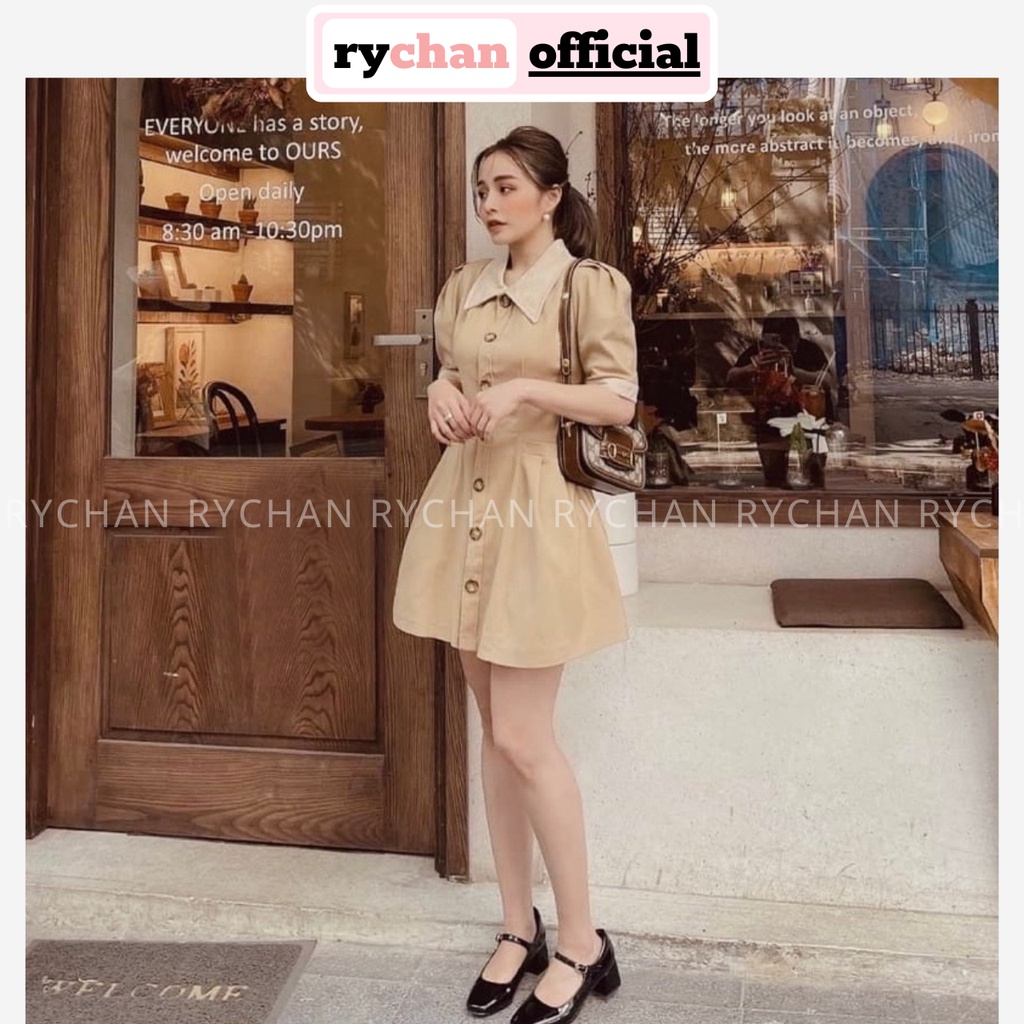 Đầm Thiết Kế Nữ Dáng Xòe Phối Cổ Sơ Mi Trắng Nút Trước Tay Phồng Bo Eo Sang Trọng Màu Nâu Kem [ẢNH THẬT CUỐI] - DX9882