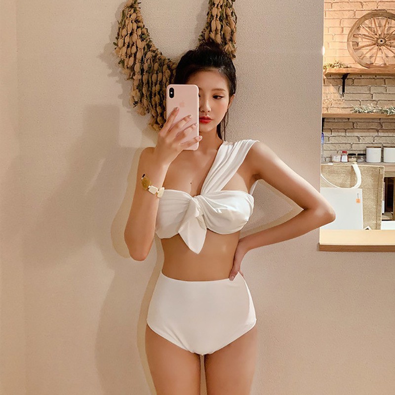 Bộ bơi bikini 2 mảnh lệch vai thắt nơ cạp cao giấu bụng tôn dáng Đồ Bơi Mút Ngực dày nâng ngực cực tốt | QP010