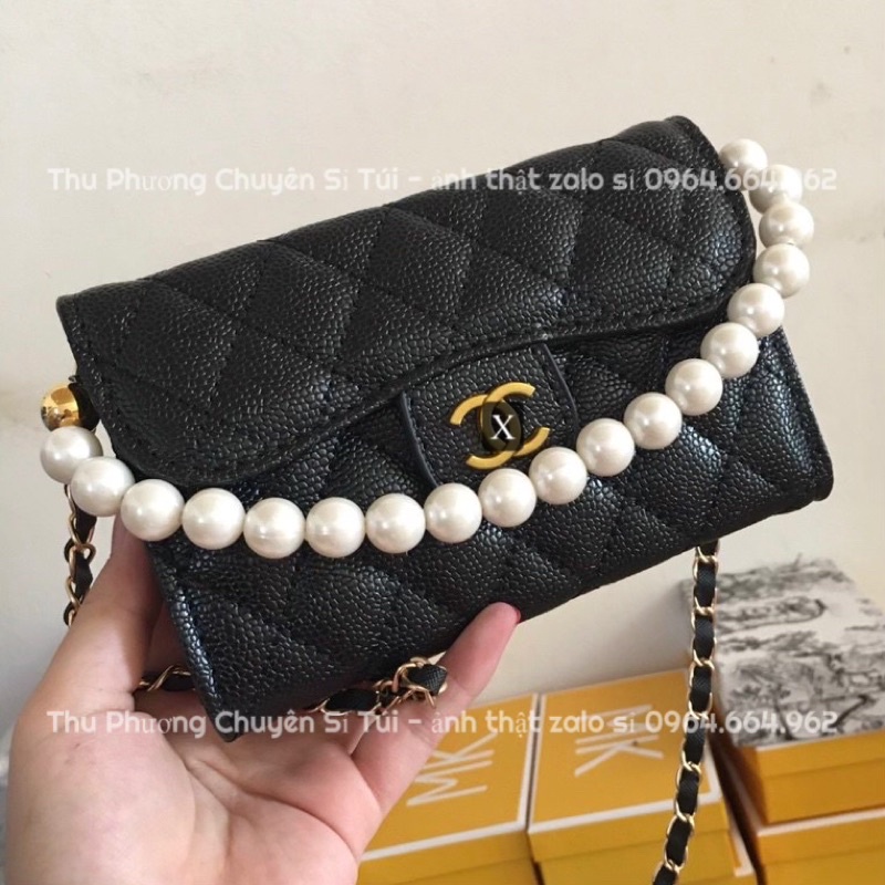 Túi Đeo Chéo Da Sần Nhiều Ngăn Kèm Dây Ngọc Size 18 (ảnh thật shop chụp)