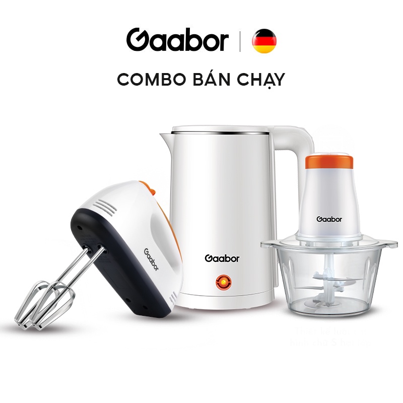 Combo Ấm bình đun siêu tốc - Máy đánh trứng cầm tay - Máy xay thịt, thực phẩm đa năng - GAABOR