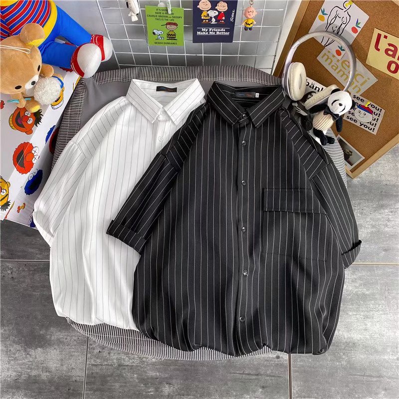 Áo sơ mi tay ngắn dáng rộng họa tiết kẻ sọc phong cách thời trang hong kong cho nam giới size M-3XL