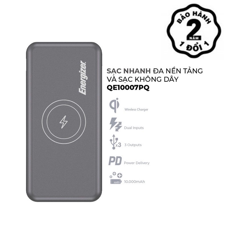 Pin sạc dự phòng Energizer QE10007PQ sạc không dây 10W - QC 3.0 - PD 3.0