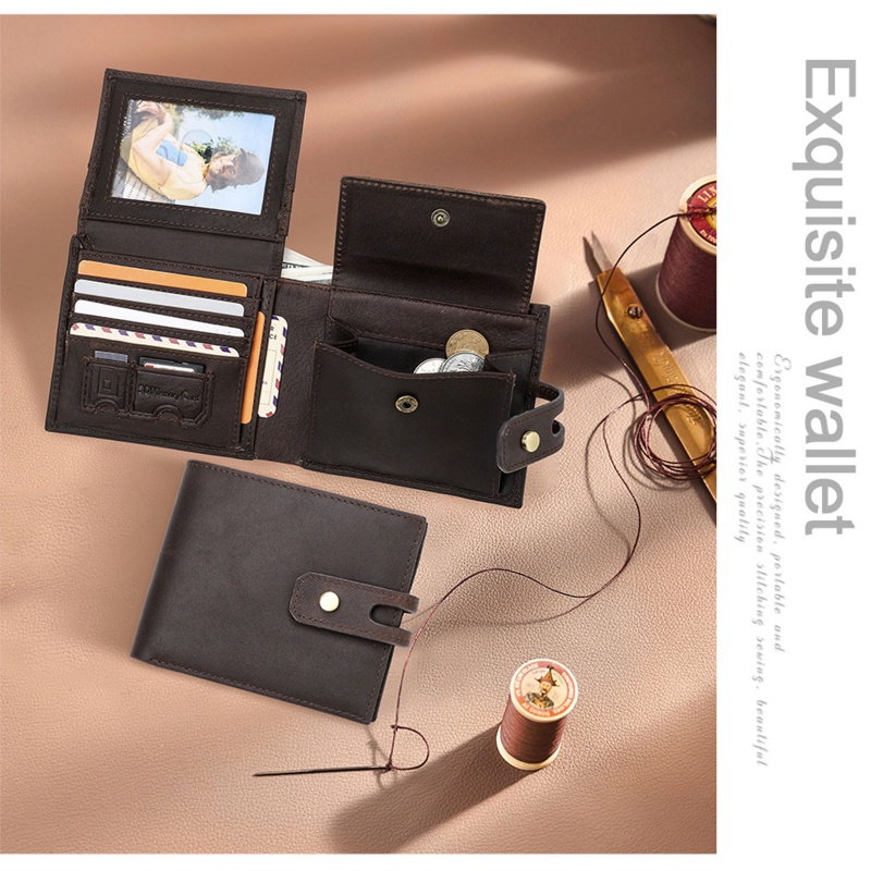 Youyo Ví Ngắn Gập Đôi Bằng Da Bò Có Khóa Nút Cài RFID Vintage Chống Trộm Cho Nam