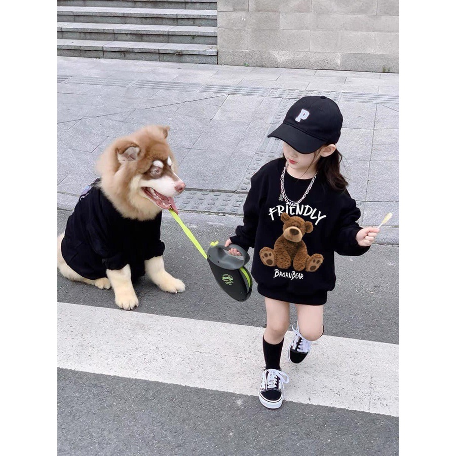 Áo bé gái nỉ cổ tròn sweater hoodie in hình gấu Teddy tặng kèm mũ lưỡi trai cao cấp