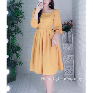 Đầm Xòe Xếp Ly Cổ Vuông Tay Phồng Đính Nút 3 Màu