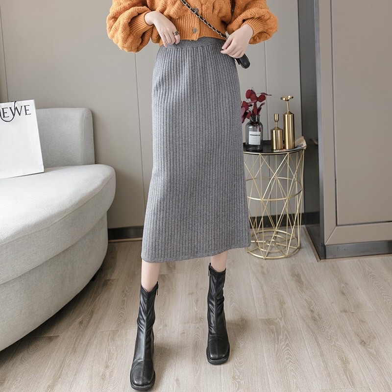 Chân váy nữ len body xẻ màu ghi