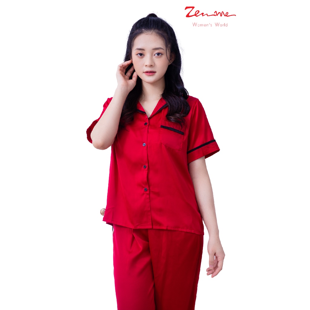 Đồ Bộ Nữ Mặc Nhà Phong Cách Pijama Chất Liệu Lụa Latin Áo Cộc Quần Dài PJP1021, Zen Me Women's World