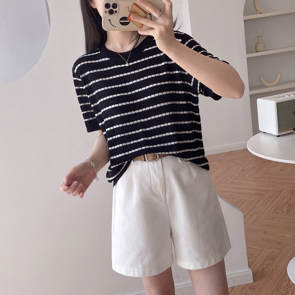【ZHELIHANGFEI】 / Áo Thun Dệt Kim Tay Ngắn Dáng Rộng Họa Tiết Kẻ Sọc Ba Chiều