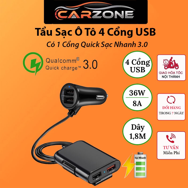 Tẩu Sạc Ô Tô 4 Cổng USB - Có 1 Cổng Quick Sạc Nhanh 3.0 VERSION 5 CARZONE.TOP