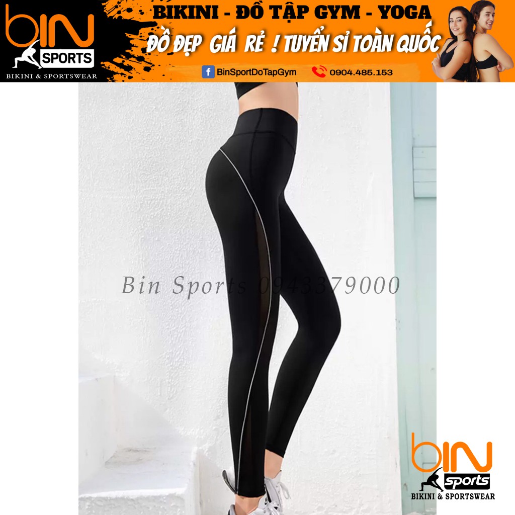 Quần tập gym nữ, quần dài phối lưới viền Bin Sports Q027-M7