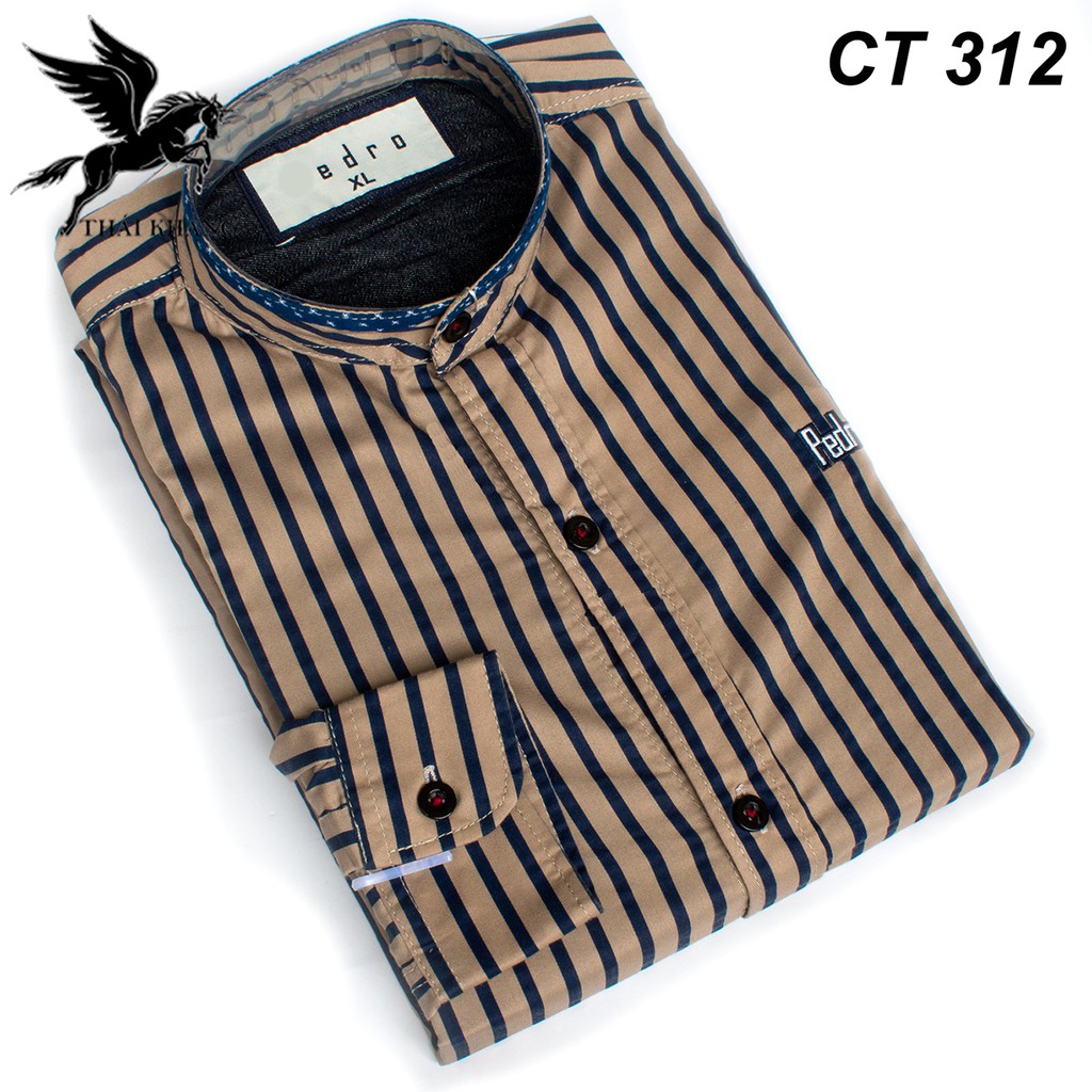 áo cổ trụ nam sơ mi sọc kẻ vải cotton mềm mát loại áo sơ mi nam cổ tàu form slimfit ASMCTD01 | BigBuy360 - bigbuy360.vn