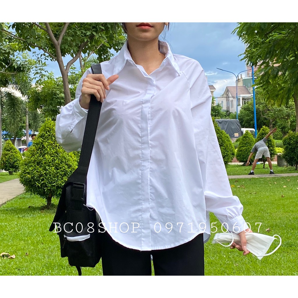 Áo Sơ Mi Trắng Tay Phồng Đuôi Tôm Basic dáng rộng có size - BC095