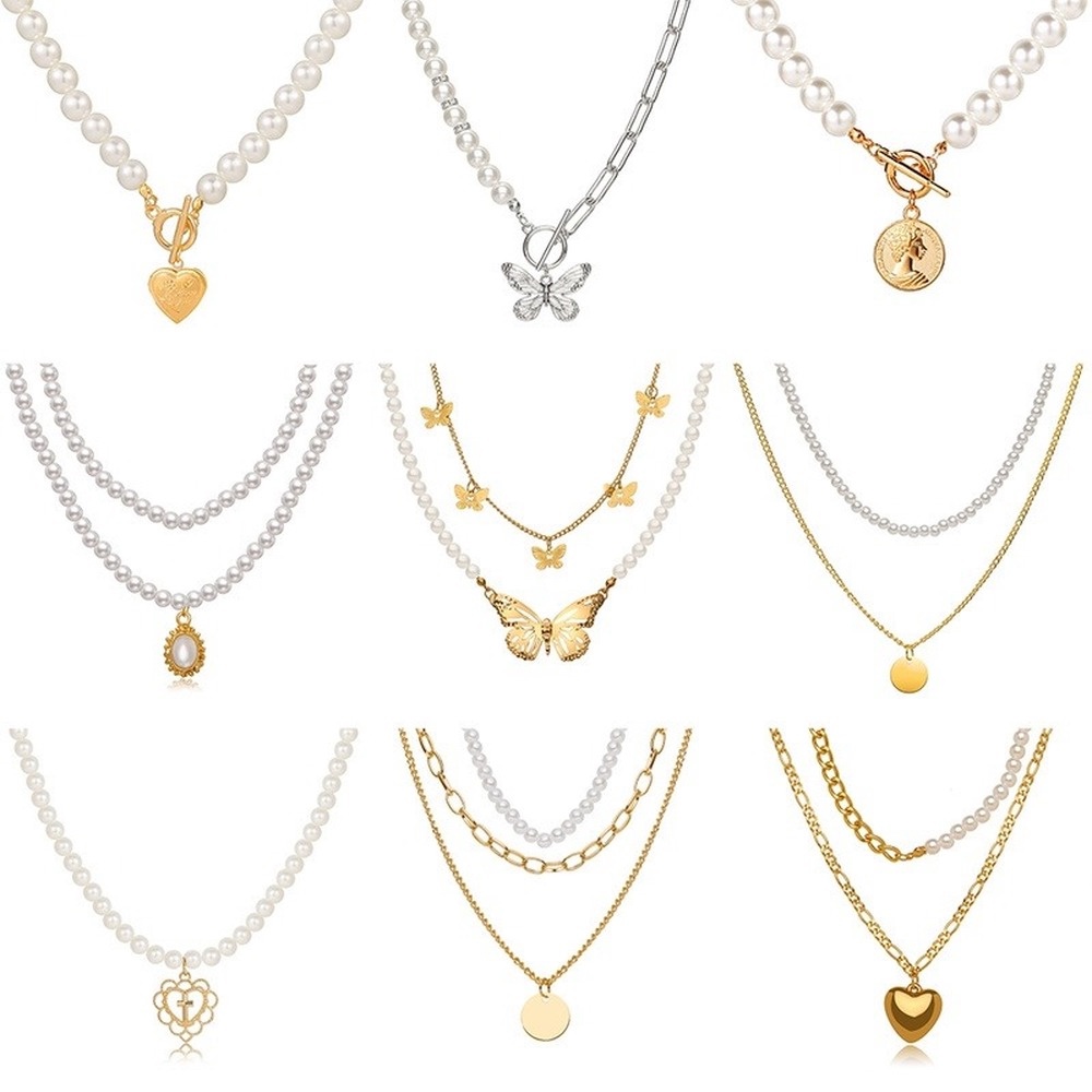 Dây chuyền 17KM mạ vàng đính ngọc trai nhân tạo mặt bướm trái tim hợp thời trang cho nữ