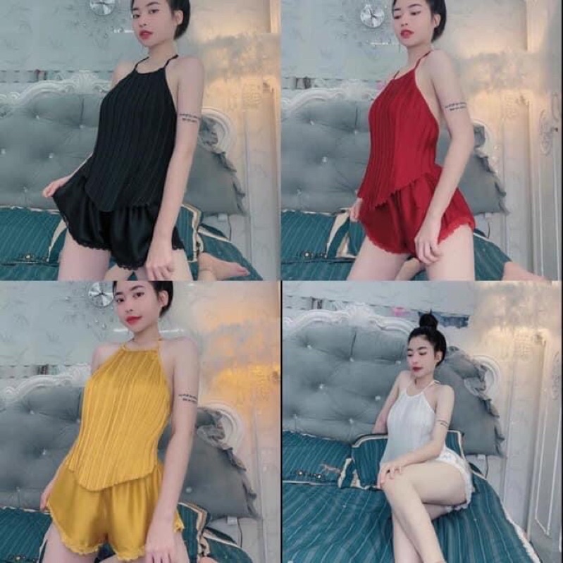 Đồ ngủ sexy / Yếm ngủ dập ly không mút ngực, chất liệu phi mềm, kèm quần ren gợi cảm