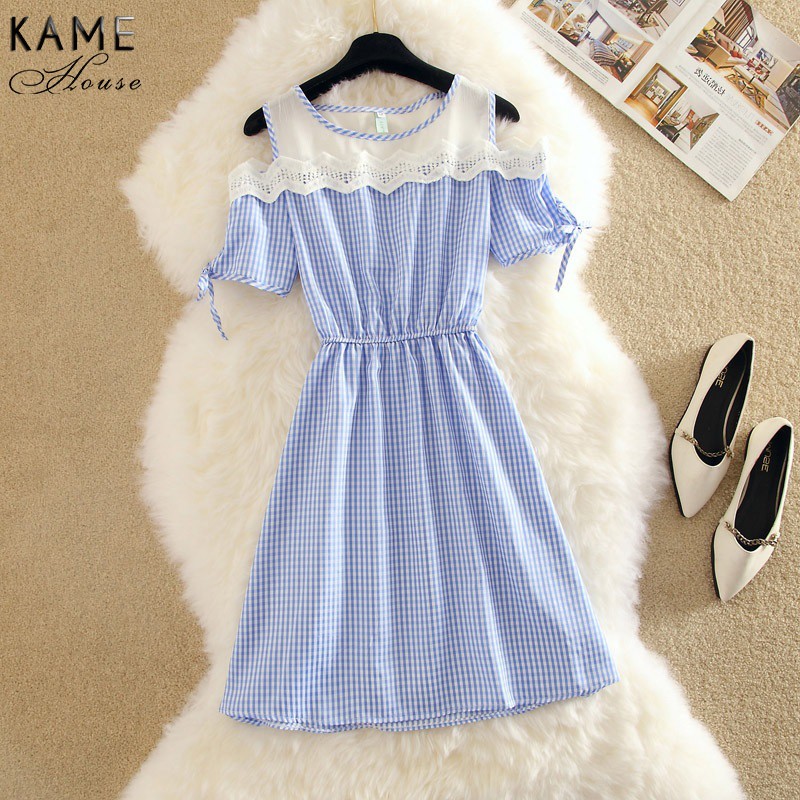 Đầm Caro Hở Vai Phối Ren
