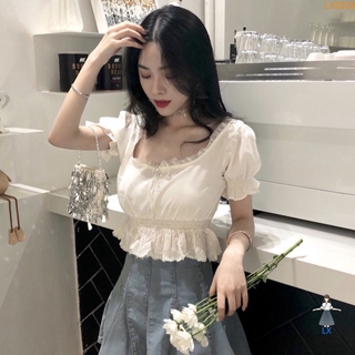 <Ready> Áo kiểu tay ngắn phối ren hoa màu trơn thanh lịch cho nữ