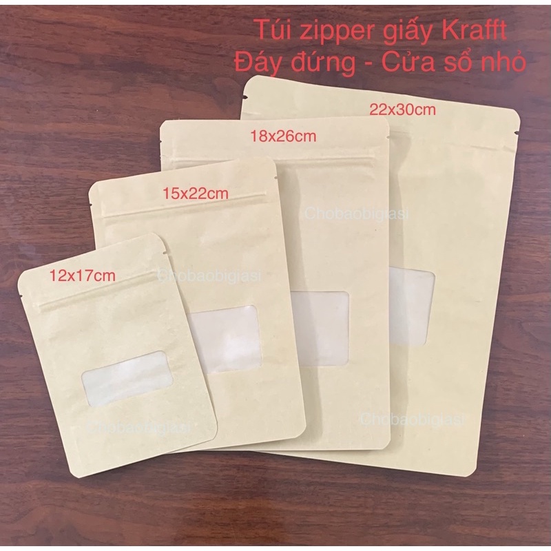 [1kg/ size] Túi zipper giấy Kraft đáy đứng cửa sổ nhỏ đựng trái cây sấy, khô gà, các loại hạt, bột, đậu... (sp y hình)