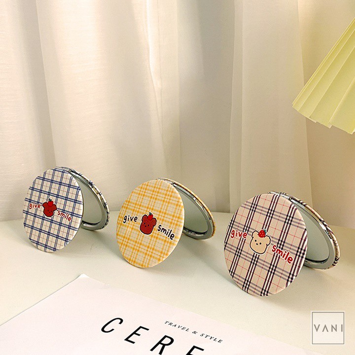 Gương Cầm Tay Mini Gấp Gọn Hình Tròn Mini Sọc Caro Siêu Đáng Yêu - Vani Store [VPP00151]