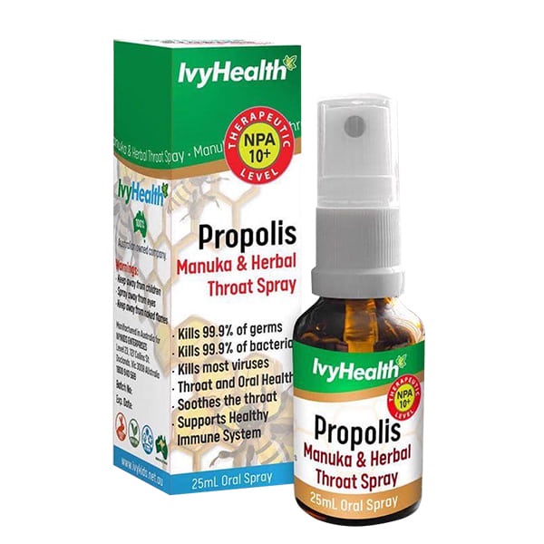 Xịt họng keo ong Manuka IvyHealth Propolis Manuka &amp; Herbal Throat Spray 𝒅𝒊𝒆̣̂𝒕 𝒌𝒉𝒖𝒂̂̉𝒏 𝒄𝒐̂̉ 𝒉𝒐̣𝒏𝒈