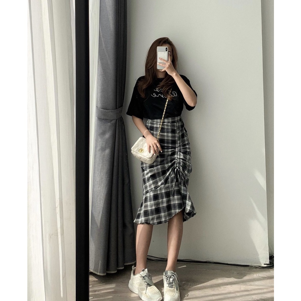 Set váy đuôi cá Áo thun Cotton nữ tính Ciao Amore style Ulzzang - Chân váy công sở, áo thun tay lửng co giãn Cotton