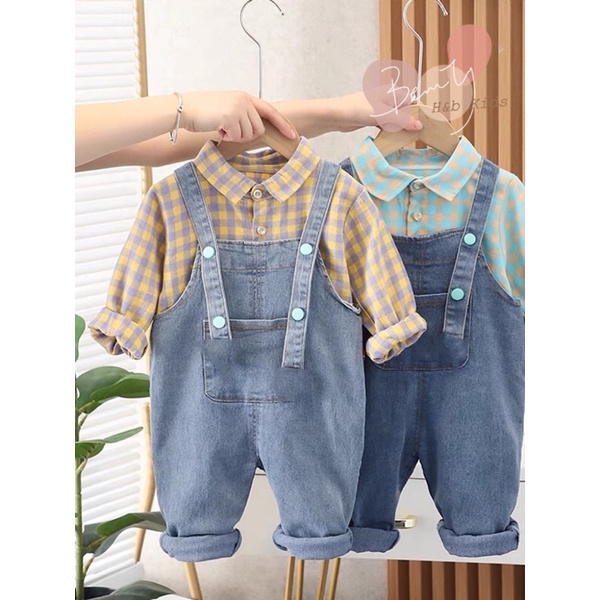 Yếm bò kèm áo kẻ sơ mi cho bé